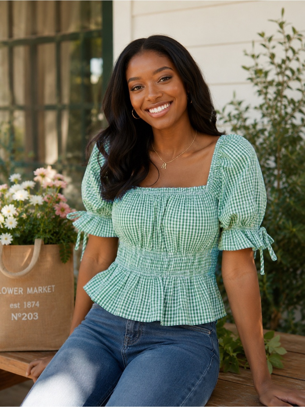 H&M Divided Size Medium Green and White Gingham Smocked Peplum Crop Top